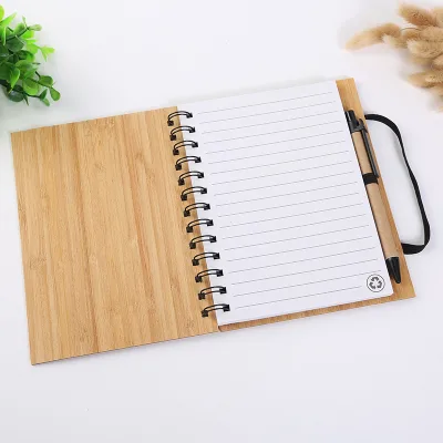 Wood Grain Notepad Hot Sell Customized Recycled Bamboo Cover Notebook with Bandage Pen Holder Wood Notebook and Pen Gift Sets