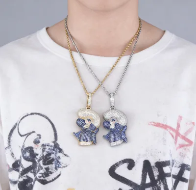 Moissanite Iced Cartoon Character Pendant Necklace Blue White Zircon Silver Hip Hop Bling Jewelry for Men Women Unisex