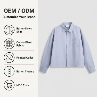 Wholesale Men Cropped Pure Cotton Shirt Point Collar Chest Pocket Loose Long Sleeve Casual Button up Shirt Custom Logo