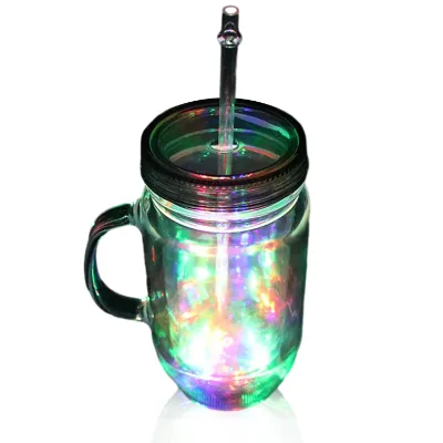 Promotional Bar Transparent Plastic Light up Flashing Led Beer Mug With Lid and Straw