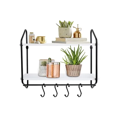 2 Tier Wall Shelf White Floating Shelves Bathroom Towel Bar Hooks Coffee Mugs Kitchen Modern Floating Wall Shelf Wooden