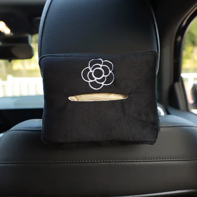 Car Tissue Box Embroidered Camellia Velvet Paper Drawer Storage Box for Car Living Room Dining Room