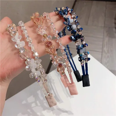 Korean Double Crystal Hair Bands Handmade Beaded Rhinestone Satin Fabric Metal Hair Bands