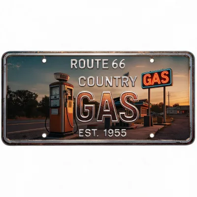 Custom Embossed 3D Aluminum License Plate Vintage Gas Station Neon Sign Sunset Americana Garage Metal Wall Decor Waterproof