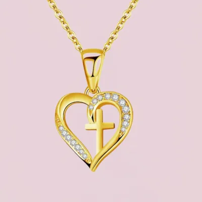 Wholesale Religious Jesus Cross Necklace Fashion Simple Gold Silver Colors Cubic Zircon Heart Pendant Necklace for Girls Gift