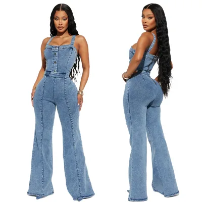 Summer European American Platform Women's Fashion Casual Sexy Strap Denim Jumpsuit High Waist Wide Leg Flare Pants