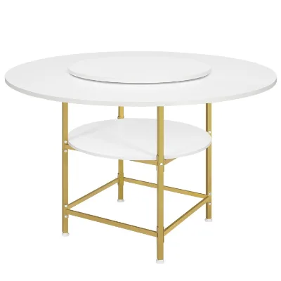 Round Dining Table with Rotating Centre, Modern White and Gold Dinner Table for 4, Rotatable Circle Table for Dining Room