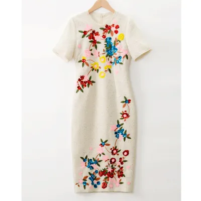 XXL Bodycon Dress 2026 Autumn Fashion Women Colorful Sequined Flower Embroidery Short Sleeve Midi Party Club Dress Special Event