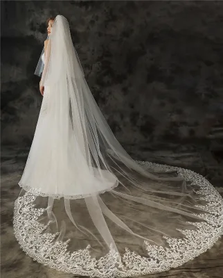 Cheerfeel VE354 Customizable European Bridal Veil 3 Meter Two-Layer Long Lace with Embroidered Technics