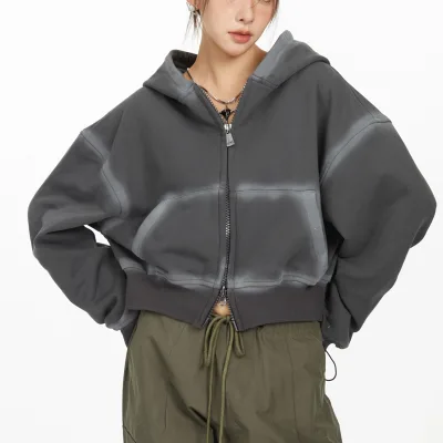 OEM Fashion Streetwear Women Cropped Zip up Hoodie Custom Acid Wash 400 GSM Boxy Fit Zip up Hoodie Wholesale