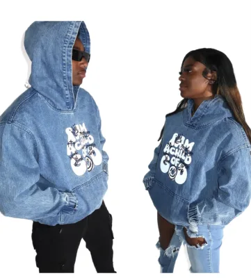 KY Light Wash Oversized Denim Jacket Hoodie Silk Screen Print Embroidered Logo Autumn/Winter Button Matching Set Couples