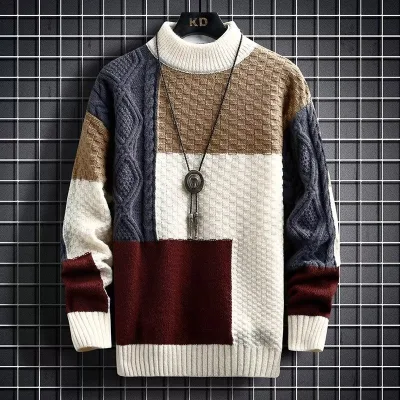 Men Color Block Patchwork Cable Knit Sweater Half Turtleneck Long Sleeve Retro Color Contrast Pullover Streetwear Jumper
