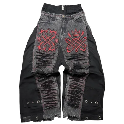 DIZNEW Patchwork Jeans Black Denim Fleece Splice Red Celtic Gothic Embroidery Knee Rip Eyelet Buckle Dual Waist Custom OEM