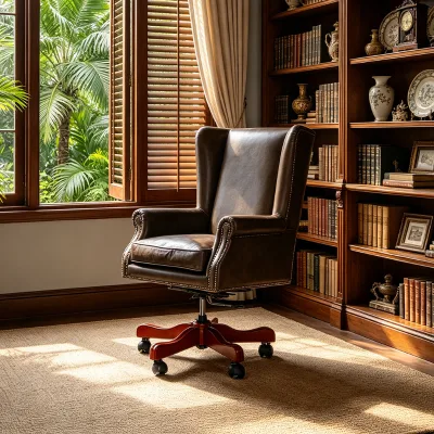 American Retro Genuine Leather Office Chair Solid Wood Base Swivel Height Adjustable for Study Home Office boss Chair
