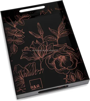 Modern Black Rectangular Acrylic Serving Tray 12x16 Inches with Decorative Pattern for Home Use