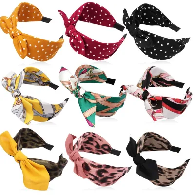 QianJin Leopard Print Rabbit Ear Knotted Wide Version Headband for Women's European and American Outings With a Hairpin Headband