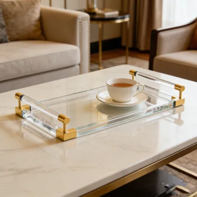 Luxury Acrylic Rectangular Serving Tray Golden Handle Metal Decoration 380x350x80mm for Home Hotel Restaurant Use YM YM-F0578