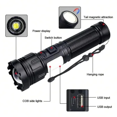 New Cross-Border High-Brightness Rechargeable Zoom Flashlight Outdoor Long-Range (200-500m) Side Light Multifunctional ABS
