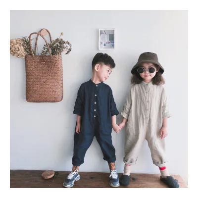 Fall Unisex Solid Color Casual Woven Linen Button Long Sleeve Baby Romper Jumpsuit