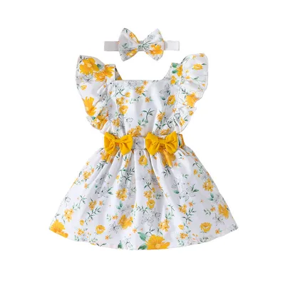 Cross-border Baby Sleeveless Printed Dress 2024 Baby Summer New Bow Suspenders Dress + Headscarf Set