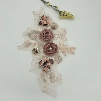 Handmade Embroidered French Lace with Multi-layer Sequins Colorful Flowers and Pearl Bird's Nest Mesh Top Dress