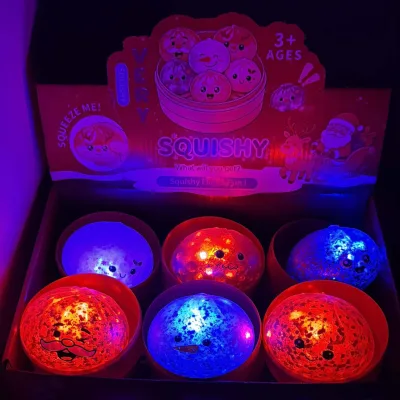 Christmas Light up Golden Powder Beads Fidget Squeeze Bun Toy with Steamer Basket 8.5cm Soft Squishy Stress Relief Toy