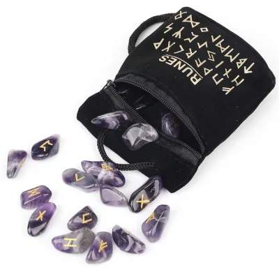 Gems Amethyst Rune Stones Set Engraved Pagan Lettering with Instruction Booklet and Velvet Pouch