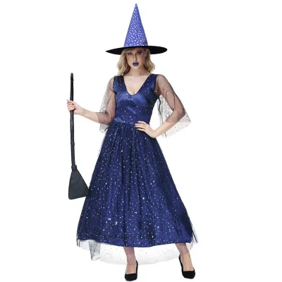 2025 new styles 2023 Adult New Witch Costume Set Women Halloween Cosplay Costume Blue Mesh Long Dress