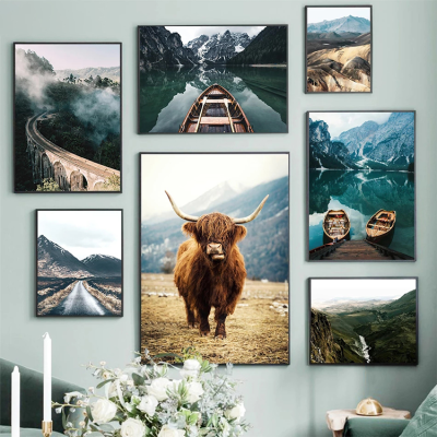 Nordic Natural Landscape Paintings Animal Cow Lake Snow Mountain Forest Prints Picture Canvas Art Oil Paintings Home Decor