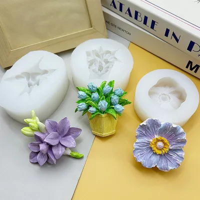 DIY small orchid and tulip pot plant mousse decoration silicone mold