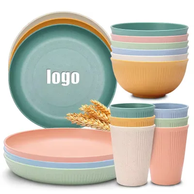 Eco-friendly Non-Toxic Portable Reusable Wheat Straw Dinnerware Sets Includes Rice Bowl Plate Dish Vegetable Dish Water Cup