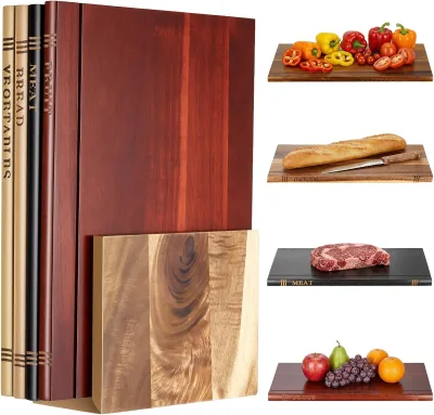 LFGB FSC Certificate Custom 4 Pcs Acacia Wood Book Shaped Cutting Boards Set with Bookend Holder for Fruits Meat Fish Cheese