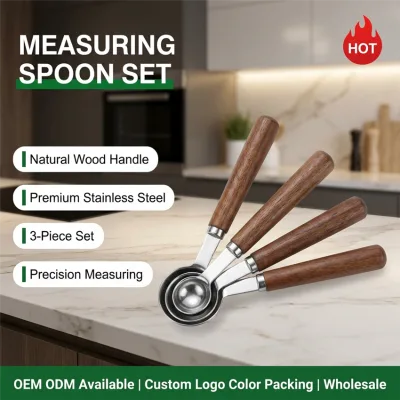 Kitchen Gadgets Cuchara Medidora Premium Metal Stainless Steel Customized Measuring Spoon Set with Wooden Handle