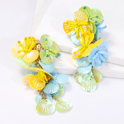 2023 New Arrival Fashion Jewelry European Exaggerated Flower Earrings Colorful Beaded Woven Earrings Green Beads Earrings Women
