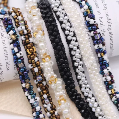Handmade DIY Black and White Beaded Lace Trim Fancy Mesh Flower Ribbon Pearl Lace Trim