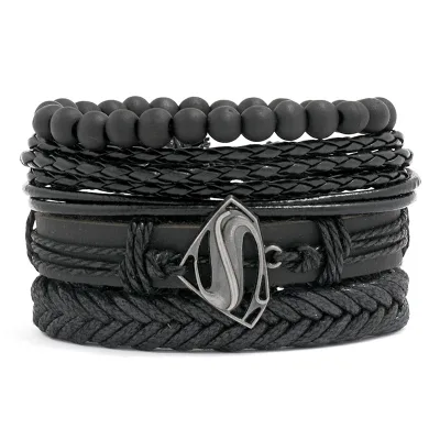 New Vintage Black Bead Bracelets Fashion Hollow Triangle Alloy Leather Bracelet Bangles Multi Layer Tribal Wrap Jewelry