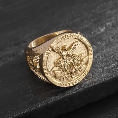Stainless Steel Waterproof Men's Hip Hop Gold Plated Archangel Medal Saint Michael Catholic Jewelry Finger Ring