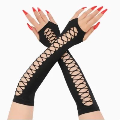 Factory Direct Sales Retro Party Cosplay Ladies' Medium-Length Flat-Fingered Hole-Cut Hollow Cross Net Mesh Stretch Gloves