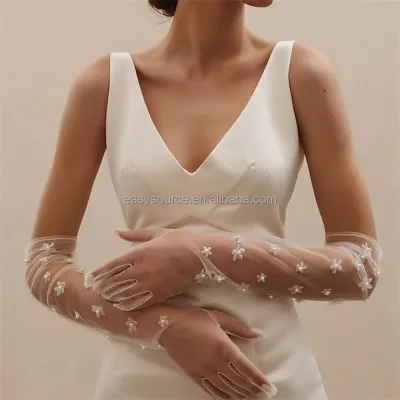 YM103 Long Bridal Gloves Floral Pearls Wedding Glove for Women Girl Party Evening Bride Dress Jewelry