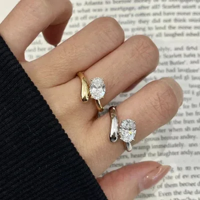 High Quality Light Luxury Copper Gold Plated Wave Diamond Ring Ovals Shape Large Zircon Ring for Women