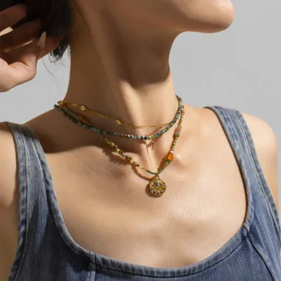 Custom Made Boho Necklace Style Natural Stone Handcrafted Beaded Gold Plated Boho Necklace Zircon for Women