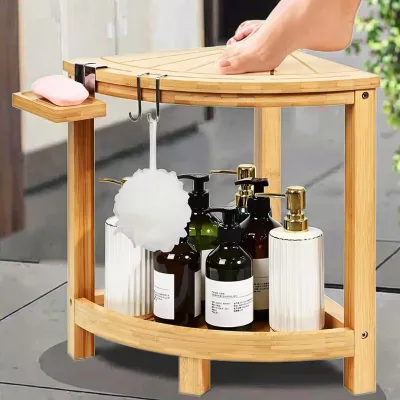 2 Tiers Modern Bamboo Corner Shelf Shower Stool Organizer Durable Waterproof Shower Bench Foot Rest for Bathroom