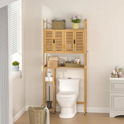 Bamboo Toilet Storage Shelf Tiers Bathroom Organizer Shelf with Four Door and Waterproof Feet Pad Over Toilet Storage Cabinet