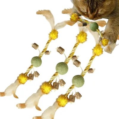 Natural Rattan Ball Cat Toy with Feather and Sisal Rope-Interactive Teasing Play for Kitty