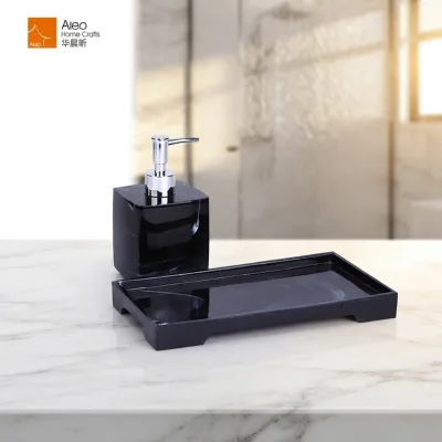 New Luxury Black Marble Vein Resin Two-Piece Lotion Dispenser & Rectangular Tray Set Bathroom Amenity Set for Hospitality