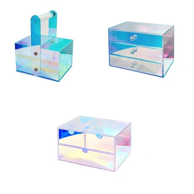 JSM OEM Iridescent Rainbow 3-in-1 3-Pack Cosmetic Storage Organizer Set for Bathroom Vanity Makeup Jewelry Gift