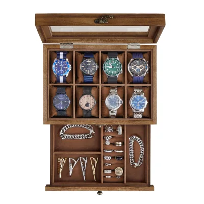 Rustic Walnut 8-Slot Watch Box Large Glass Lid 2-Tier Display Case Removable Veet Lining Pillows Jewelry Storage Gift Giving