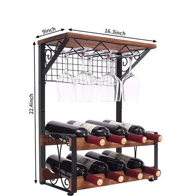 Classic Retro American Style 2-Tier Solid Wood Wine Rack 8 Bottle Holders 6 Glasses Rectangular Shape Cooler for Business Gift