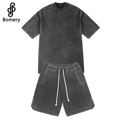 Bomery Custom Logo Design Two-Piece Men's Acid Wash Shorts T-Shirt Set Summer Clothing for Men's Print Pattern Spring