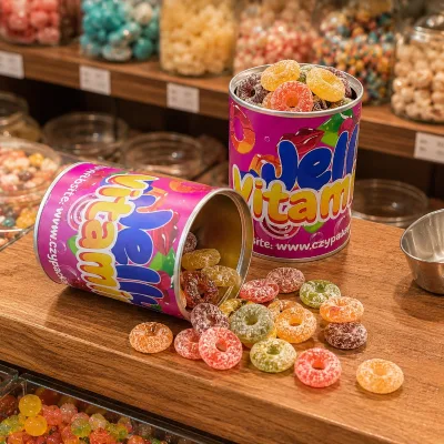 Vitamin Jelly Ring Candy Colorful Mixed Fruit Flavor Sugar Coated Soft Sweets Paper Tube Pack Halal Kids Snack  Private Label